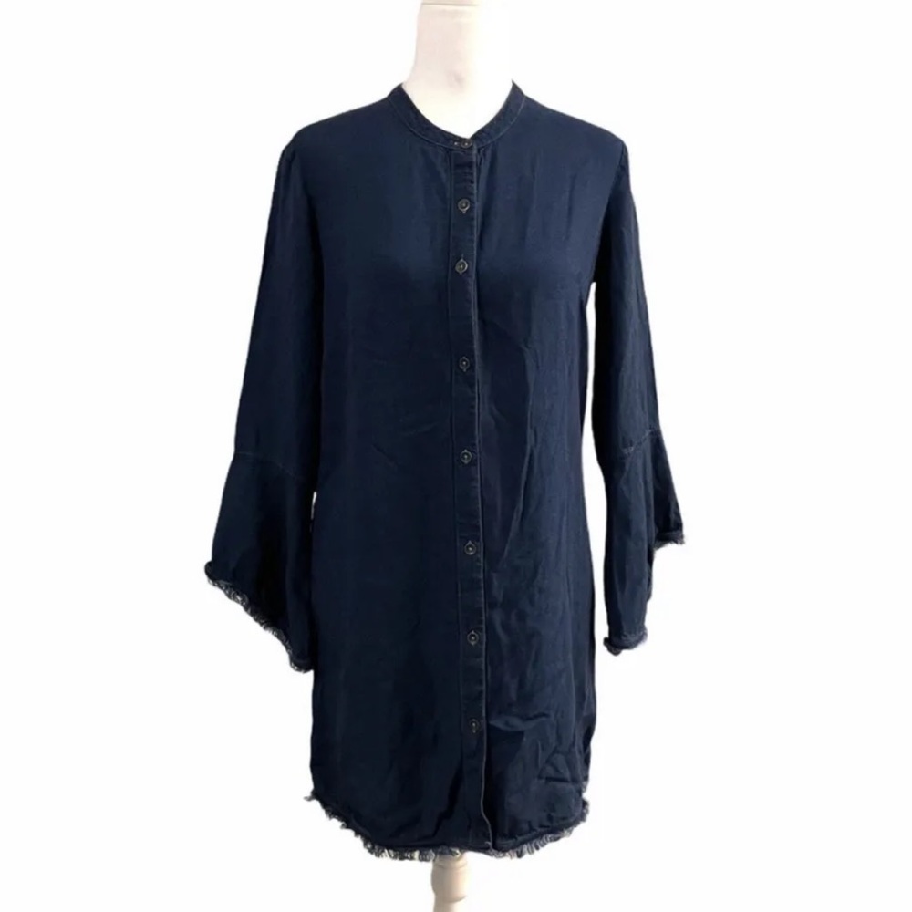 Splendid Dark Denim Blue Chambray Fringe Hem Bell Sleeve Shirt Dress